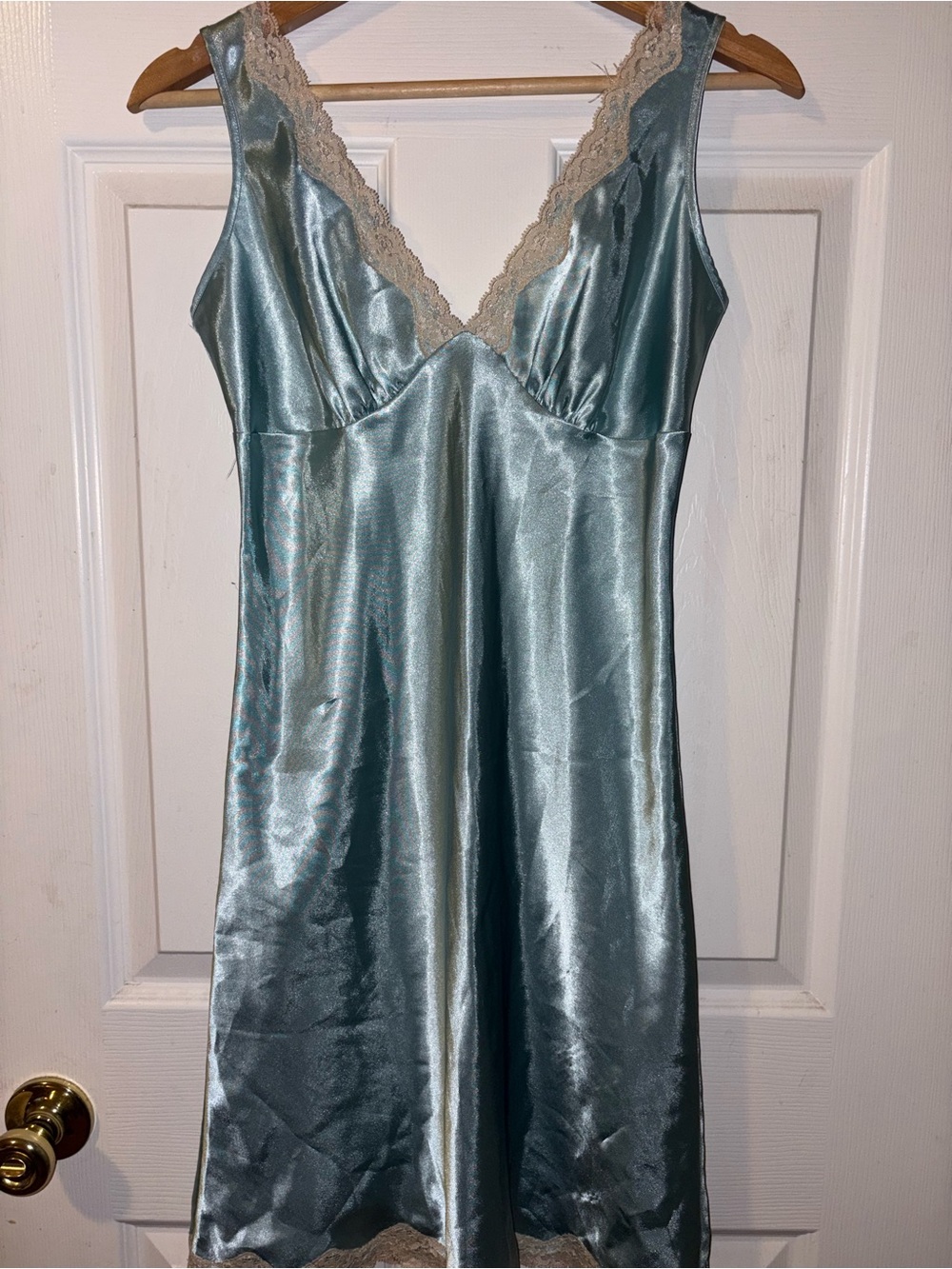 Victoria's Secret Satin Slip Dress in Light Teal with Beige Lace